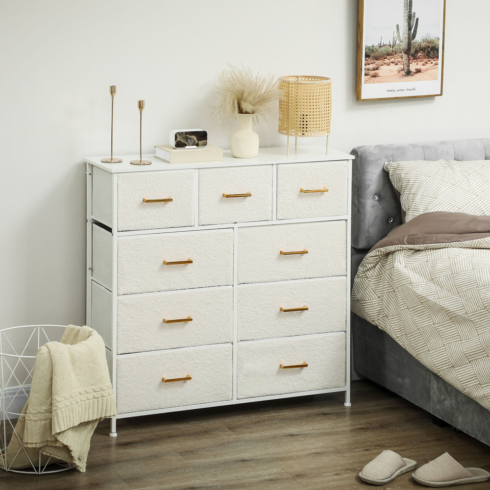 HOMCOM Chest of Drawers with 9 Fabric Drawers, Boucle Storage Organiser with Steel Frame, Fabric Dresser for Bedroom, Living Room, Hallway, Cream White