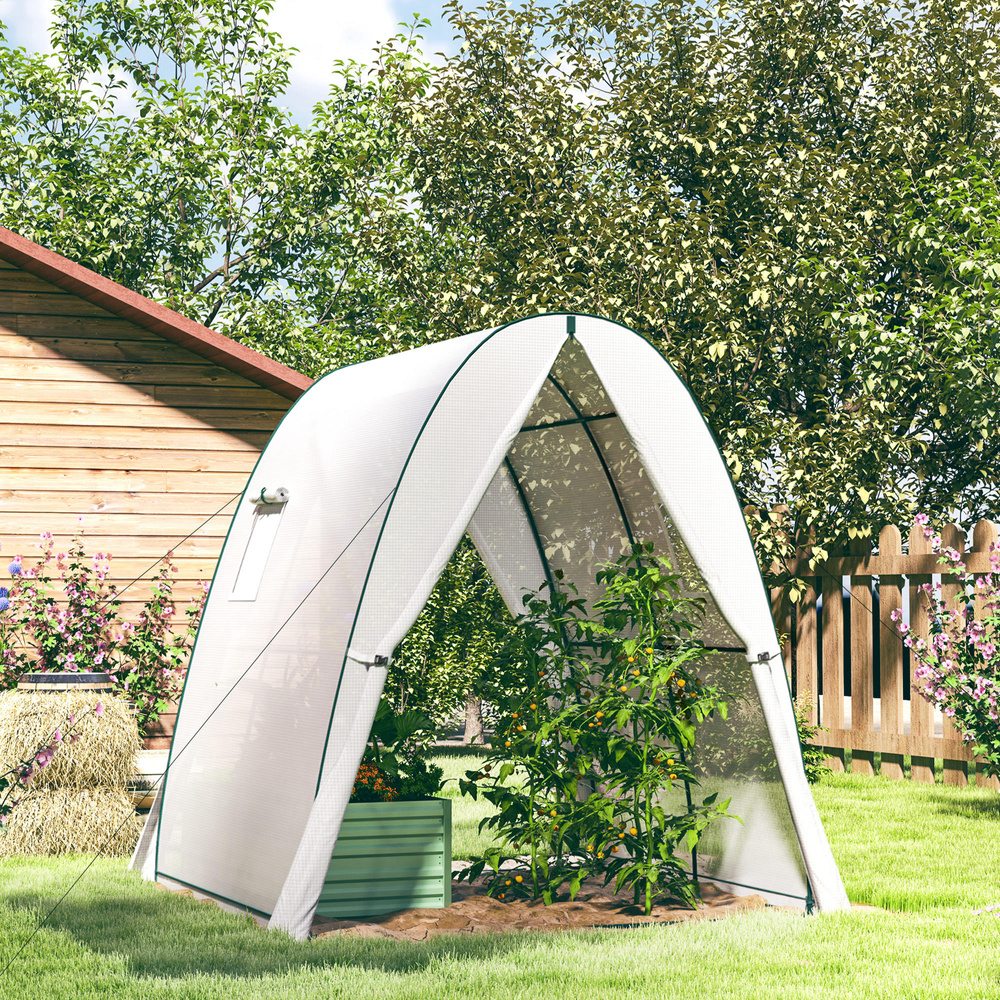 Outsunny Polytunnel Greenhouse with Sandbags, Walk-In Tunnel Green House with 2 Doors and Screen Windows, 1.8 x 1.8 x 2m, White