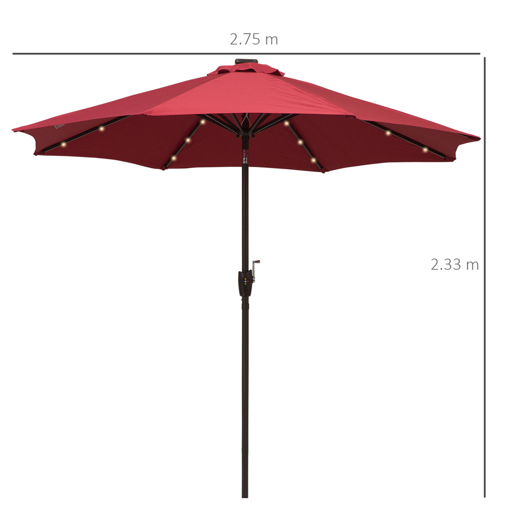 Outsunny Φ2.7m Garden 24 LED Light Parasol Solar Outdoor Tilt Sun Umbrella Patio Club Party Event Manual Sun Shade w/ Hand Crank and 8 Ribs, Red