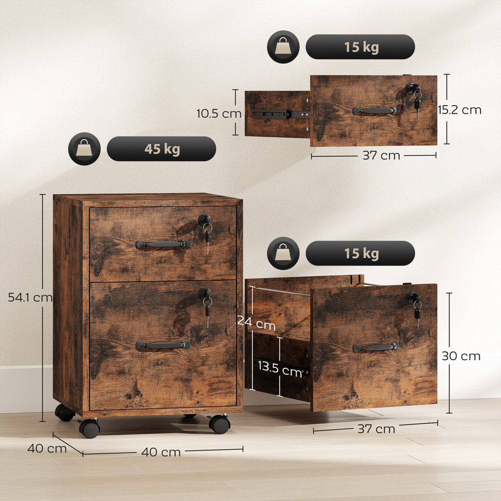 HOMCOM Rolling File Cabinet with 2 Drawers, Mobile Filing Cabinet with Hanging File Folder for Letter Sized Documents, Rustic Brown