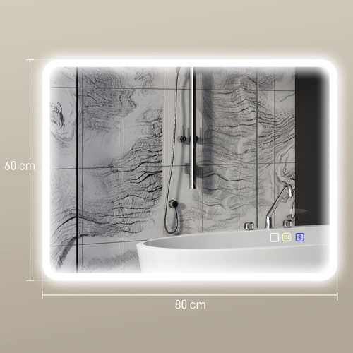 HOMCOM 80 x 60cm LED Bathroom Mirror, with Bluetooth - Silver Tone