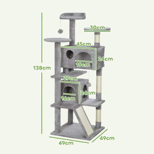 PawHut 138cm Cat Tree, Multi-Level Cat Tower with Scratching Posts and Pad, Bed, Condos, Platforms, Toy Balls, Light Grey