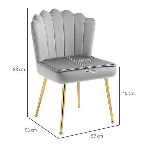 HOMCOM Shell Dining Chairs Set of 2, Upholstered Kitchen Chairs with Gold Metal Legs and Backrest, Velvet Fabric Lounge Leisure Chairs for Living Room, Reception Room, Grey