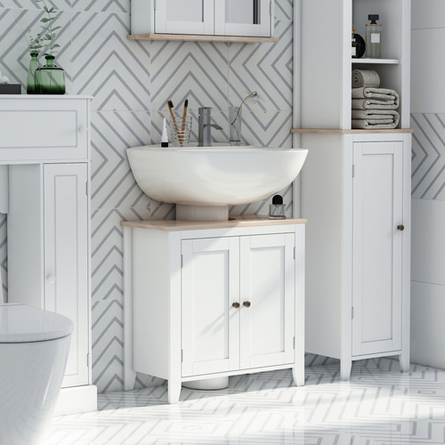 kleankin Under Sink Cabinet, Bathroom Sink Cabinet with 2 Doors, Pedestal Under Sink Design, Freestanding Bathroom Cupboard with Adjustable Shelf, White