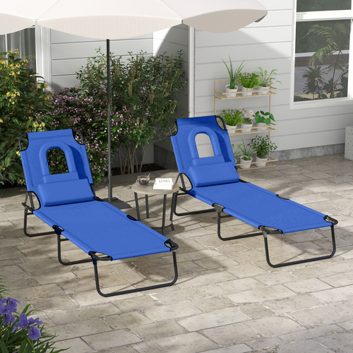 Outsunny Folding Sun Loungers Set of 2 with Face Hole, 4-Position Adjustable Backrest Garden Recliner Chairs Sunbeds, Outdoor Lounge Chairs with 600 D Oxford Cloth Seat, Pillow for Beach, Blue