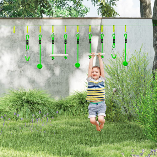 AIYAPLAY 7-Piece Kids Zip Line Kit for Garden, 10m Kids Slackline Kit with Wooden Monkey Bars, Metal Rings, Gripping Balls, Green