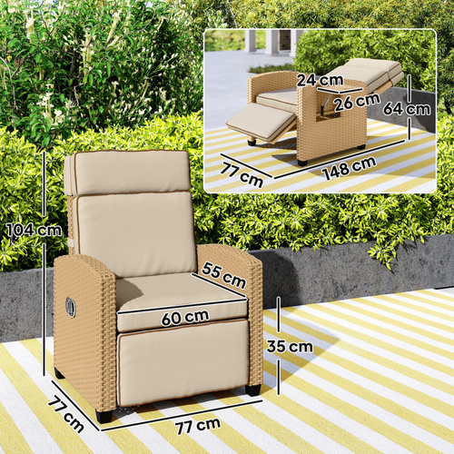 Outsunny 145° Reclining Rattan Armchair, with Footrest - Khaki/Beige