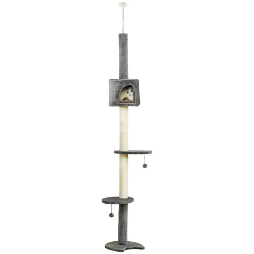 PawHut Floor to Ceiling Cat Tree for Indoor Cats, Kitten Tower, Condo, Multi-Layer Activity Center, Indoor Pet Play House with Solid Scratching Post Hanging Balls, Light Grey