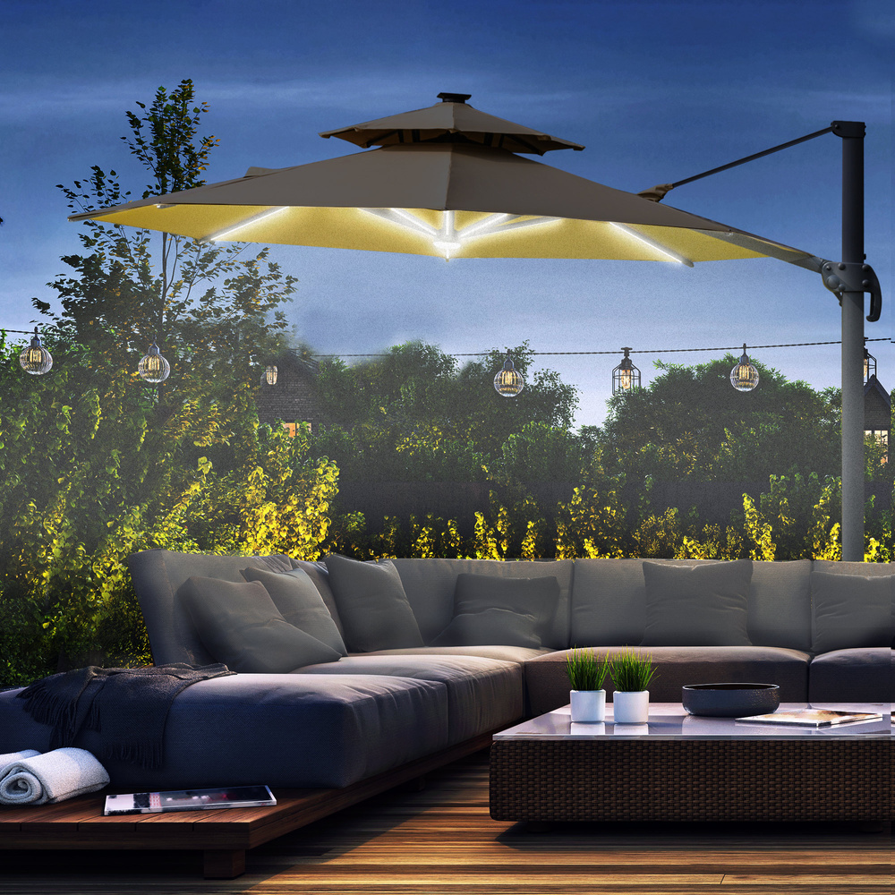 Outsunny 3m Cantilever Parasol w/ Solar Lights Power Bank Base 360° Spin Khaki