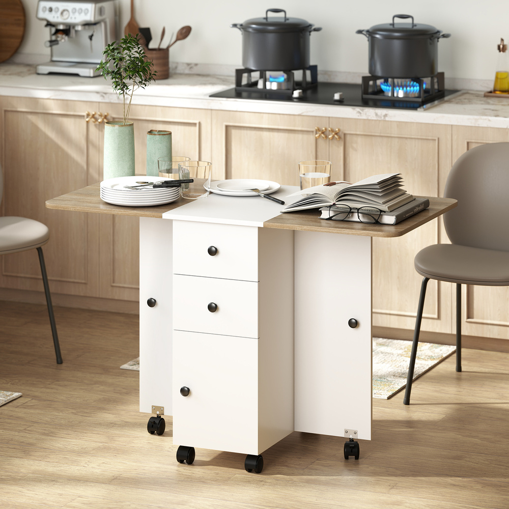 HOMCOM Multi-Storage Six-Person Drop Leaf Dining Table - Oak and White