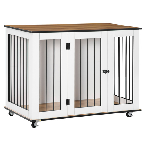 PawHut Dog Crate Furniture, Dog Cage End Table, with Wheels, for Large Dogs, 106 x 60 x 82 cm  - White