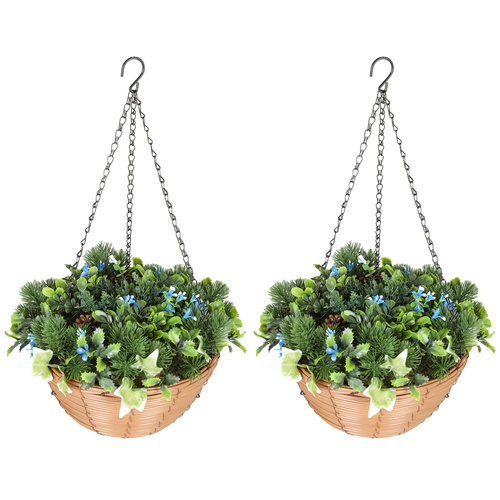 HOMCOM Pack of 2 Faux Plant Artificial Lisianthus Flowers, Hanging Planters with Basket, PE Leaves, 18 Flowers and 3 Pinecones, Decorative Faux Plants for Home Office Decor, Green