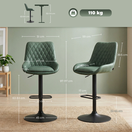 HOMCOM Retro Bar Stools Set of 2, Adjustable Kitchen Stool, Upholstered Bar Chairs with Back, Swivel Seat, Green