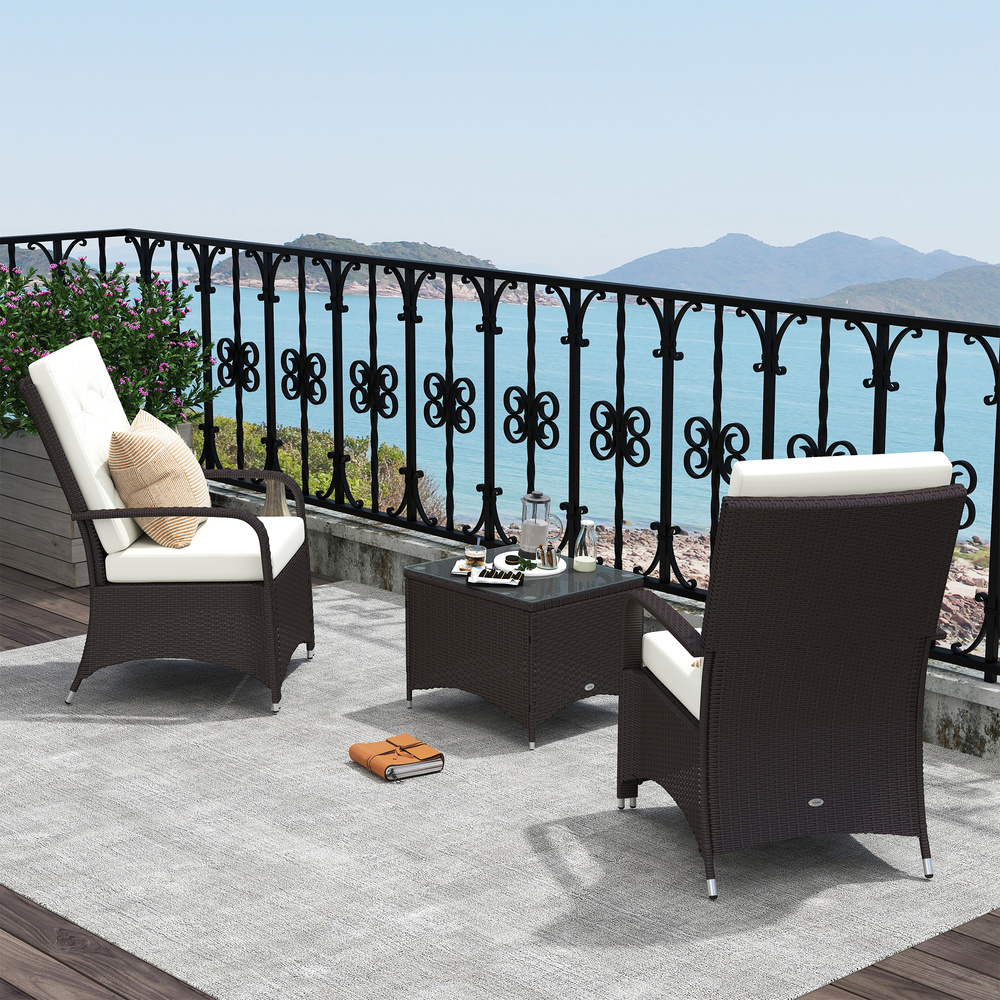Outsunny 3 Pieces Rattan Bistro Set with Furniture Cover, Wicker Garden Furniture Set, Glass Top Coffee Table and Chairs with Cushions for Outdoor, Patio, Balcony, Cream White