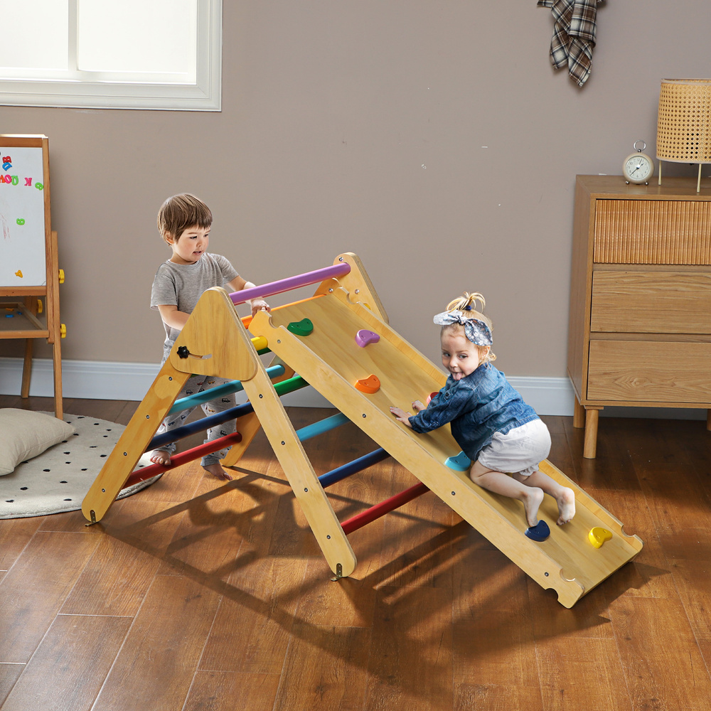 AIYAPLAY Toddler Climbing Frame for Kids, with Ramp, 3-in-1 Wooden Play Triangle Set for 18-48 Months, Multicolour