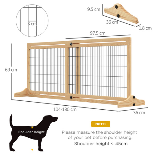 PawHut Freestanding Dog Gate, Foldable Pet Fence, Indoor Wood Barrier, Stair Gate with Support Feet, for Doorway, Hallway, Small and Medium Dogs, 69H x 104-180 cm, Natural Wood Finish