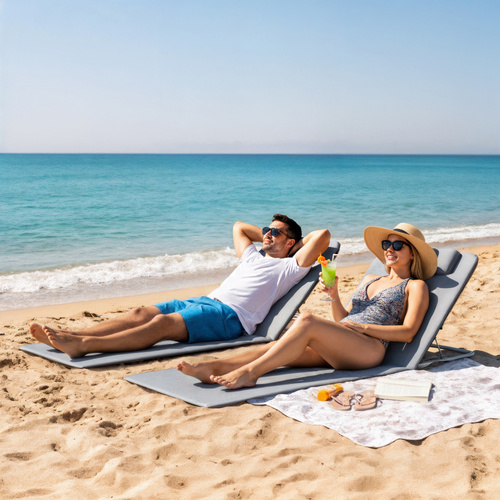 Outsunny Set of 2 Foldable Garden Beach Chair Mat Lightweight Outdoor Sun Lounger Seats Adjustable Back Metal Frame PE Fabric Head Pillow w/ Carry Bag,Grey