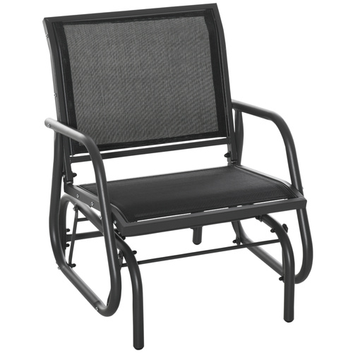 Outsunny Outdoor Garden Glider Chair, Metal Frame Single Armchair Swing Seater w/ Breath Mesh Fabric Seat, Curved Backrest, Armrests, for Living Room, Patio, Porch, Dark Grey