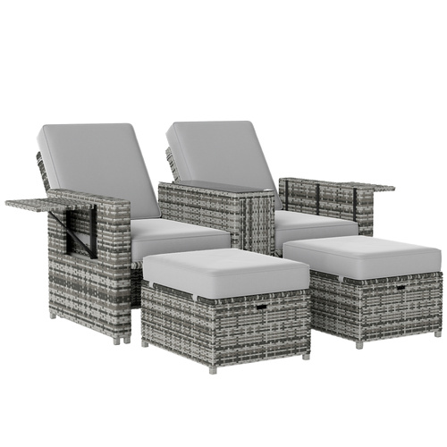 Outsunny Rattan Sun Lounger w/ Storage Tea Table & Footstools, Grey