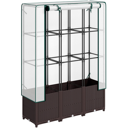 Outsunny Raised Garden Bed with Trellis, Plastic Planter Box with PE Cover, Drainage Holes, Drain Plugs and Water Reservoirs for Climbing Plants, Vegetables, Flowers, 120 x 40 x 140 cm