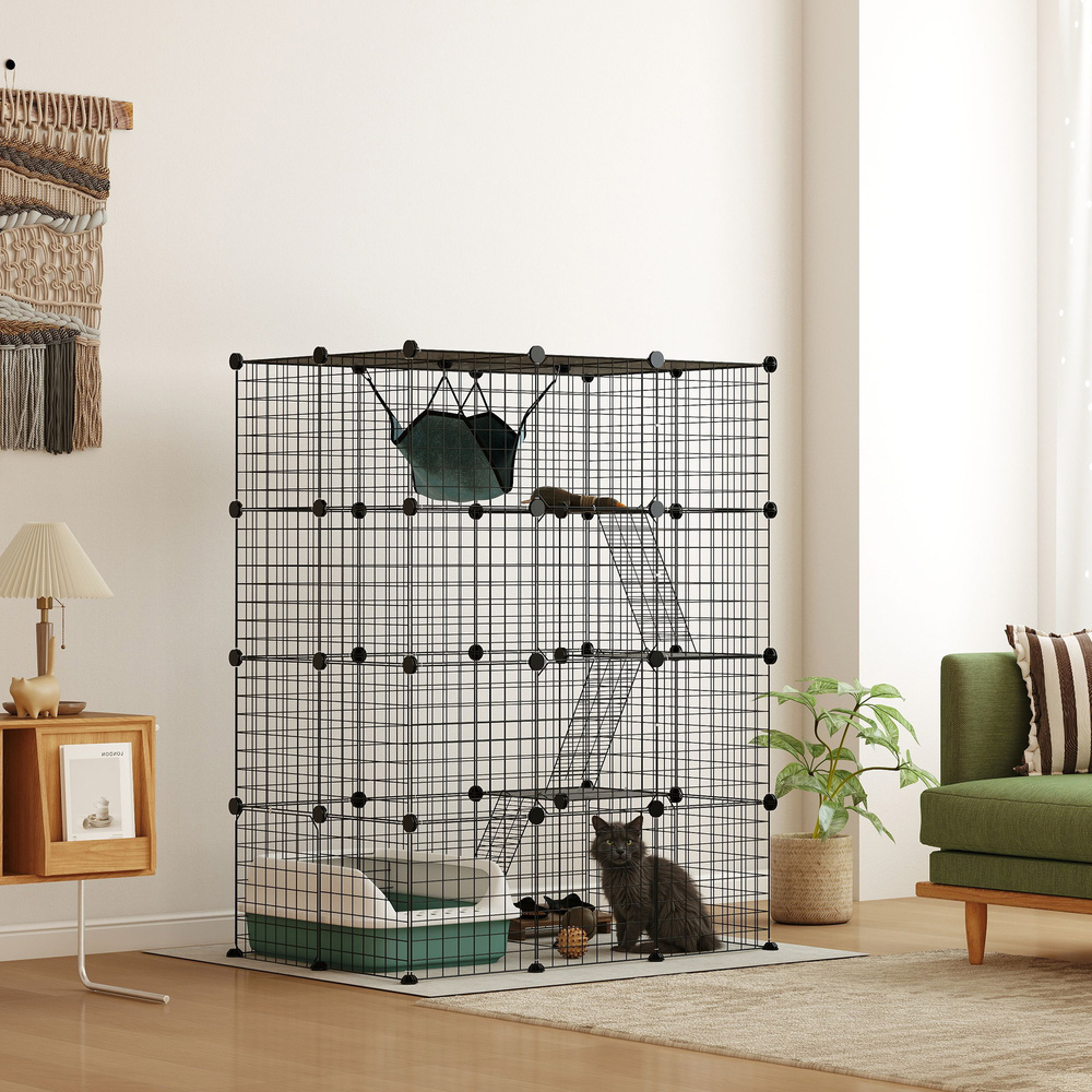 PawHut Four-Tier DIY Large Cat Cage with Hammock, Ramps, Five Doors, Indoor Use for 1-3 Cats, Black