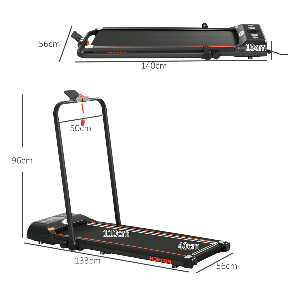 HOMCOM Foldable Walking Treadmill, with LED Display and Wheels, for Home, Office, Gym, Red