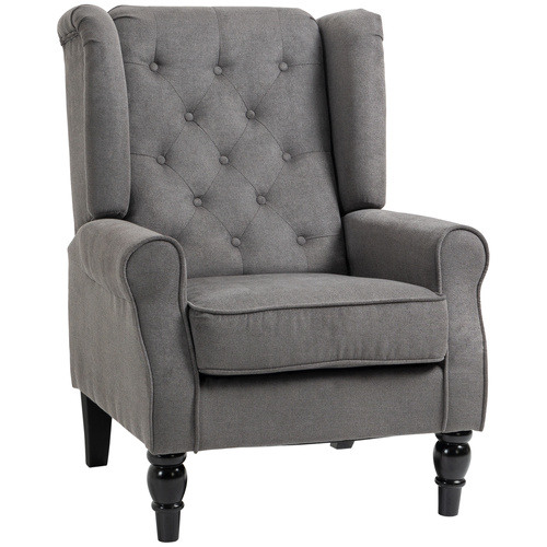 HOMCOM Retro Accent Chair, Snow Flannel Wingback Armchair with Wood Frame Button Tufted Design for Living Room Bedroom, Dark Grey