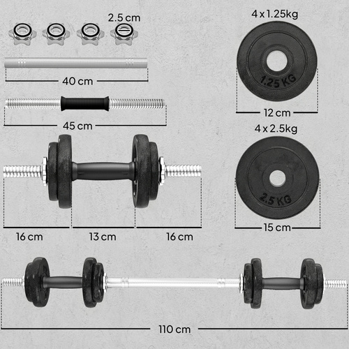 SPORTNOW 2-in-1 Adjustable Dumbbells Set, 20kg Cast Iron Weights Dumbbells Set with Non-Slip Grip for Strength Training, Weight Lifting, Bodybuilding, Home Gym Workout Equipment for Men & Women