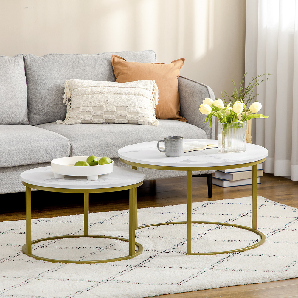 HOMCOM Coffee Table Set of 2, Round Nest of Tables with Metal Frame, Modern Side Tables for Living Room, White