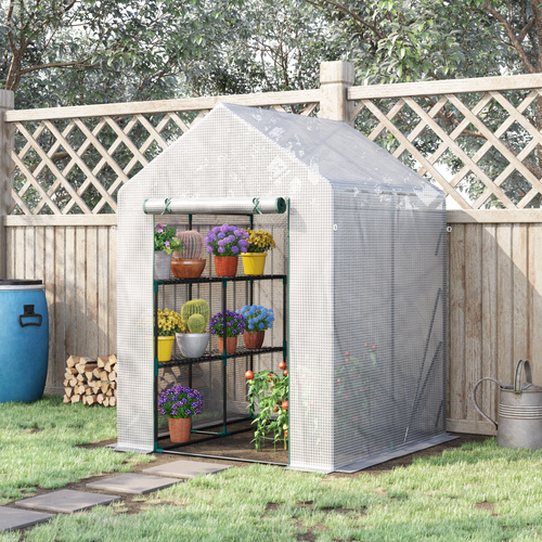 Outsunny Walk In Greenhouse with 2 Tier Shelf, Portable Gardening Plant Grow House Tomato Greenhouse with Roll up Zip Panel Door, Reinforced PE Cover, 143 x 143 x 195cm, Green