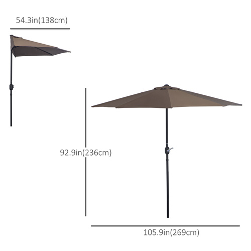 Outsunny 2.7m Balcony Half Parasol Garden Outdoor Umbrella 5 Steel Ribs - Brown