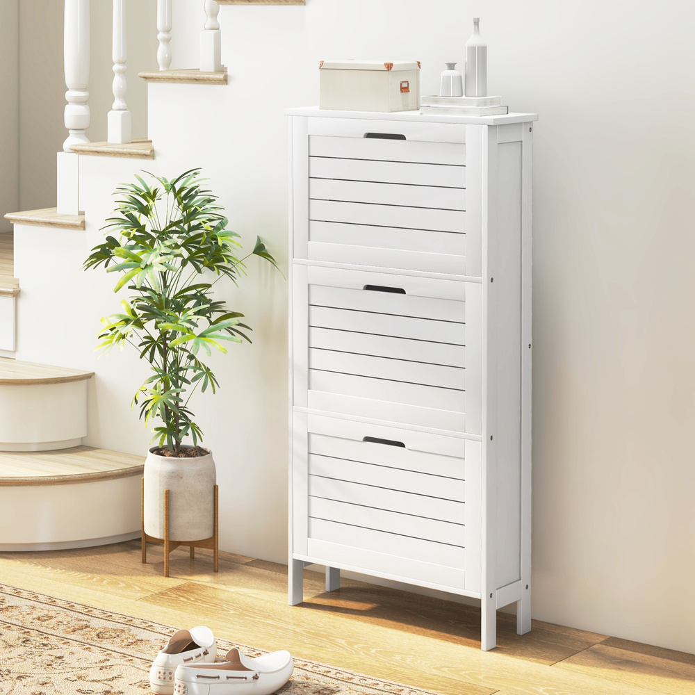 HOMCOM Narrow Shoe Cabinet with 3 Flip Drawers - White