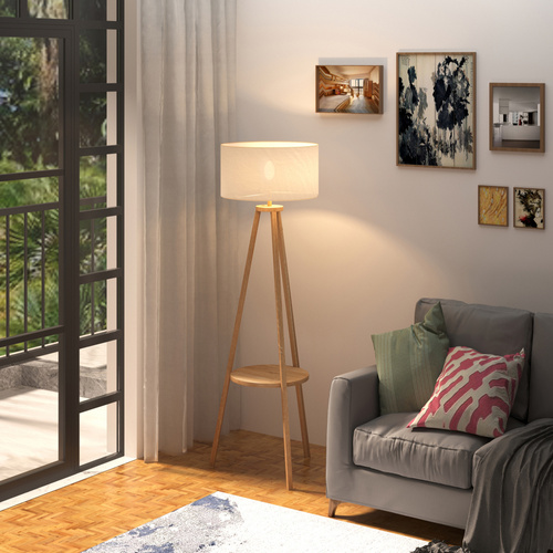 HOMCOM Tripod Floor Lamp, Freestanding Bedside Light Reading Light with Storage Shelf and Linen Shade for Living Room Bedroom, 154cm, Cream