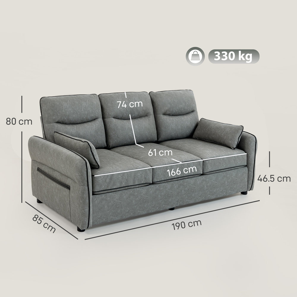 HOMCOM 3 Seater Sofa, Faux Leather Couch - Grey