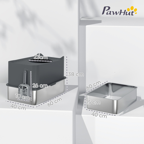 PawHut Stainless Steel Cat Litter Tray, Extra Large Enclosed Litter Box with Scoop, Top Entrance, Non-slip Pads, Dark Grey