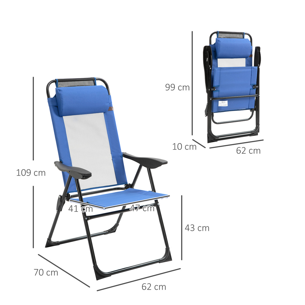Outsunny Folding Garden Chairs Set of 2, 5-Position Recliner Camping Chair with High Back, All Weather Texteline Seat, Portable Outdoor Dining Chairs with Headrests for Patio, Picnic, Blue