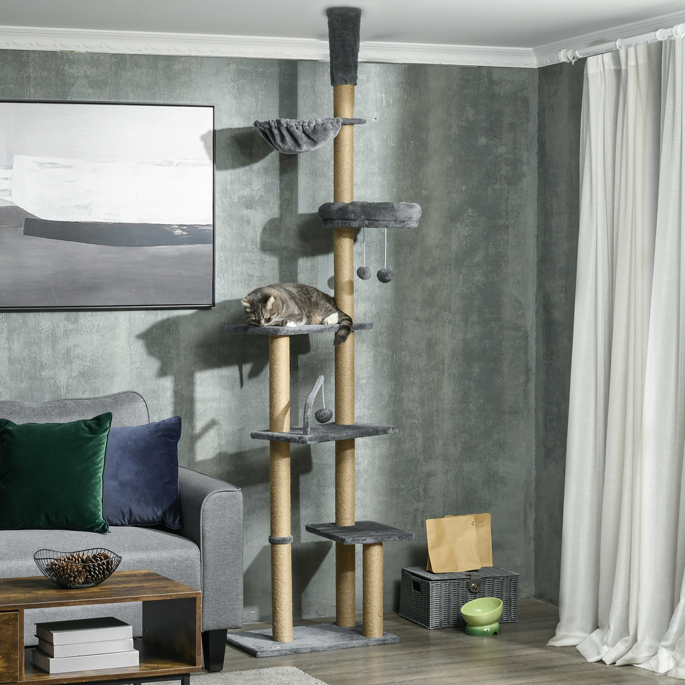 PawHut 230-250cm Floor-to-Ceiling Climbing Cat Tree Tower - Grey