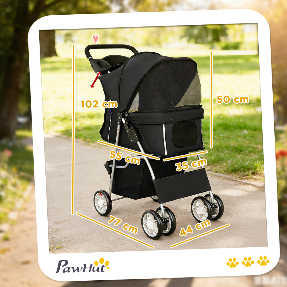 PawHut Dog Pram, Pet Stroller with Reflective Strips, Foldable Cat Stroller with 360° Swivel Wheels, Black