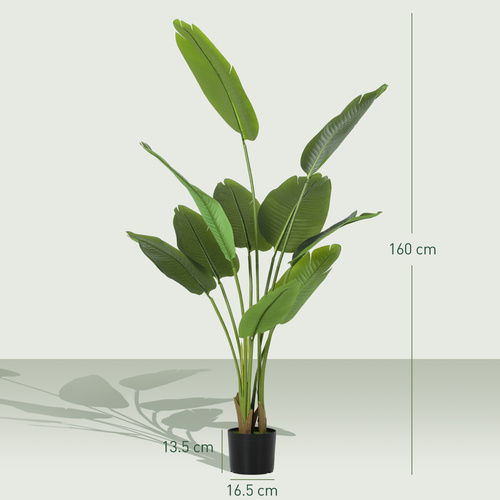 HOMCOM 160cm Tall Artificial Bird of Paradise Plant, Faux Banana Leaf Tree with PEVA Leaves and Flocking, Decorative Palm Tree in Pot for Home Office Decor, Green
