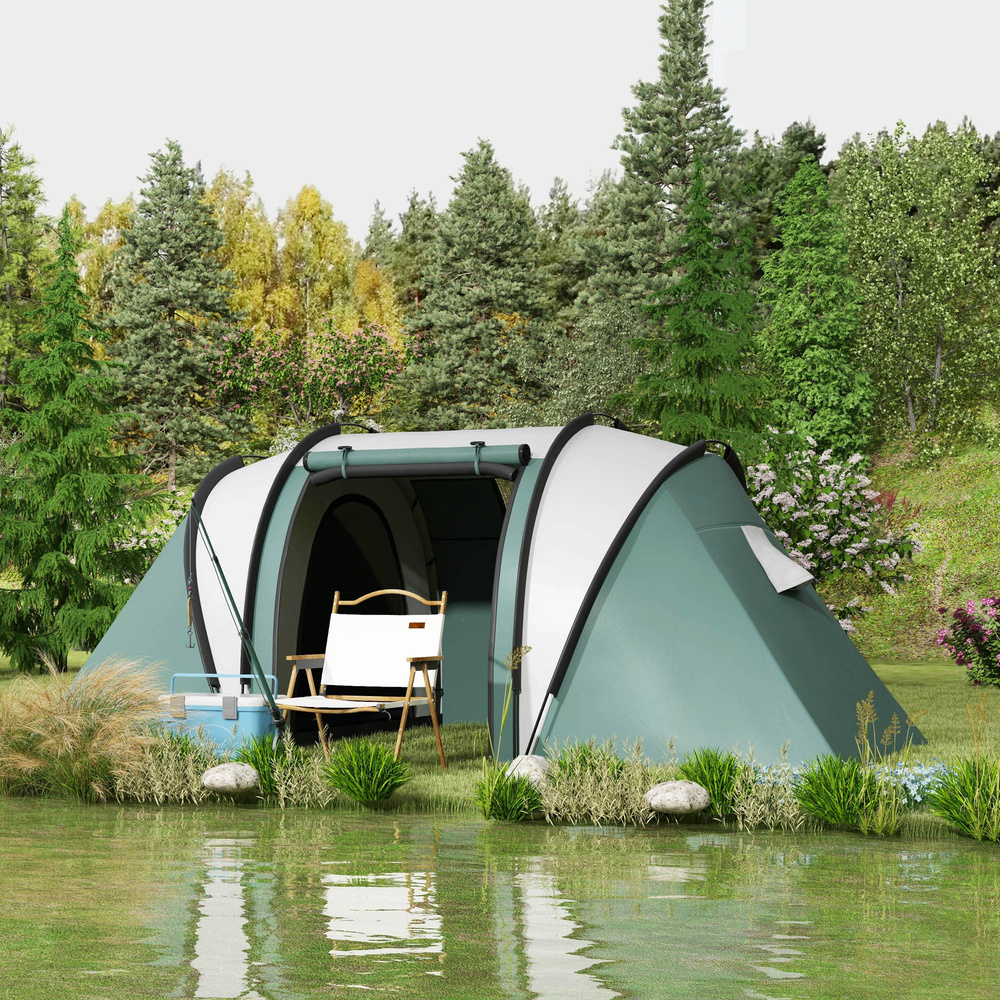 Outsunny Two-Man Tent, with Bedrooms, Living Room and Canopy - Dark Green