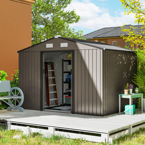 Outsunny 9 x 6FT Garden Metal Storage Shed Outdoor Storage Shed with Foundation Ventilation & Doors, Brown