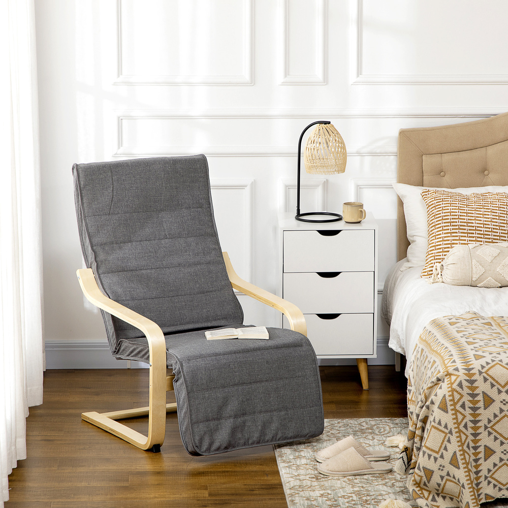 HOMCOM Wooden Armchair, Upholstered Linen Lounge Chair with Adjustable Footrest & Removable Cushion, Poang Chair for Living Room, Dark Grey