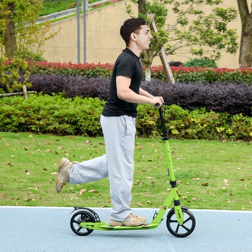 HOMCOM Kick Scooter, Folding 2 Wheel Scooter with Dual Brake System, Dual Suspension, 230mm Big Wheels and 3 Adjustable Handlebar, for 14+ Teens Adults, up to 100KG, Green