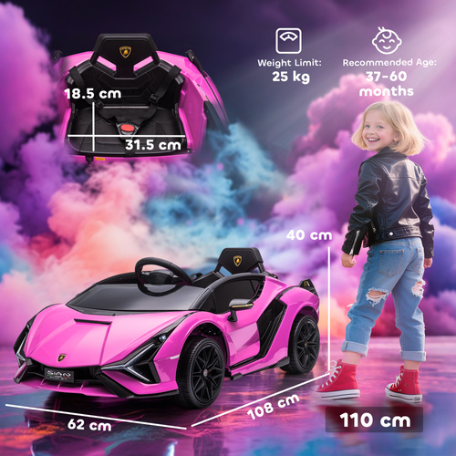 HOMCOM Lamborghini Sian Licensed 12V Electric Car for Kids 2 Motors Toy Car with Remote Control Music Lights MP3 for 3-5 Years Pink