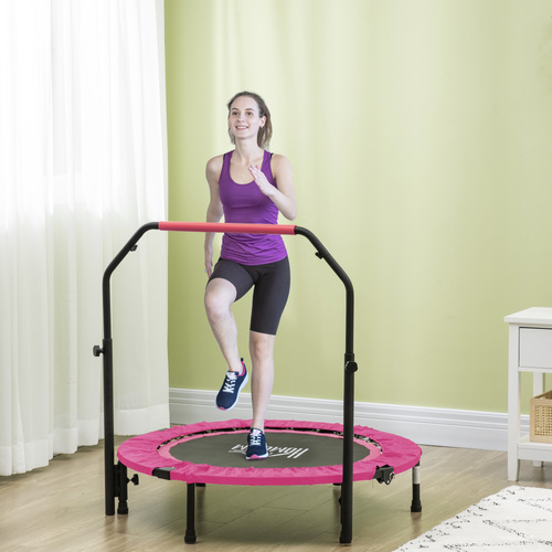 HOMCOM 40" Foldable Mini Fitness Trampoline, with Adjustable Foam Handle, Pink