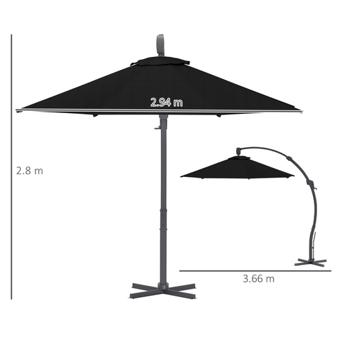 Outsunny 3(m) Garden Cantilever Parasol, Round Overhanging Umbrella with Crank Handle, Cross Base, Aluminium Frame and 360° Rotation, Banana Patio Umbrella for Outdoor Sun Shade, Black