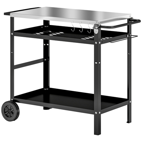 Outsunny BBQ Trolley with Stainless Steel Top Adjustable Shelf, Outdoor Kitchen Barbecue Station with Hooks Seasoning Tray Towel Rack, Pizza Oven Table Movable Grill Dining Cart with Cover, Black