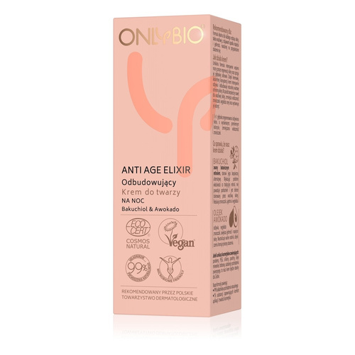OnlyBio Anti Age Elixir Odbudowujący Krem do Twarzy z Bakuchiolem i Awokado na Noc dla Każdego Typu Cery 50ml
