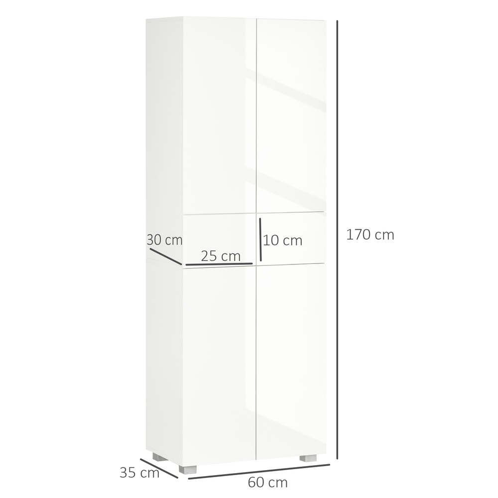 HOMCOM 4-Door Kitchen Cupboard, Tall Freestanding 5-Tier Storage Cabinet with 3 Adjustable Shelves, 2 Drawers for Living Room, Dining Room, Push to Open Design, High Gloss White