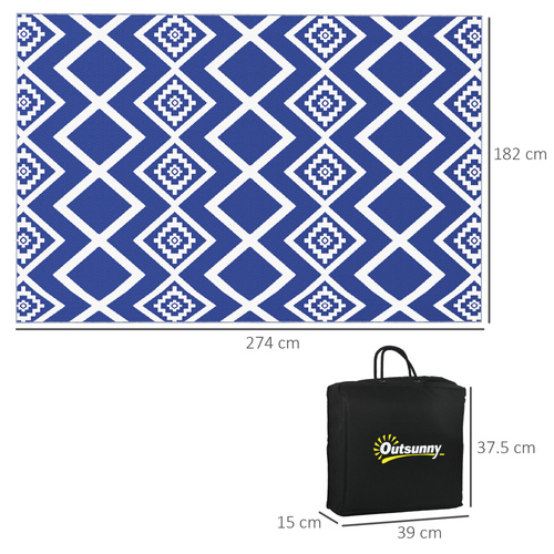 Outsunny Plastic Straw Reversible RV Outdoor Rug with Carry Bag, 182 x 274cm, Blue and White